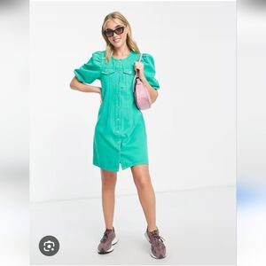 Asos Pieces Puff sleeve Denim dress,bright Green